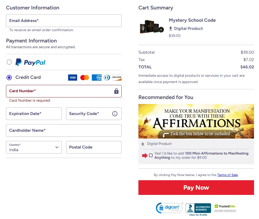 Mystery School Code-order-page